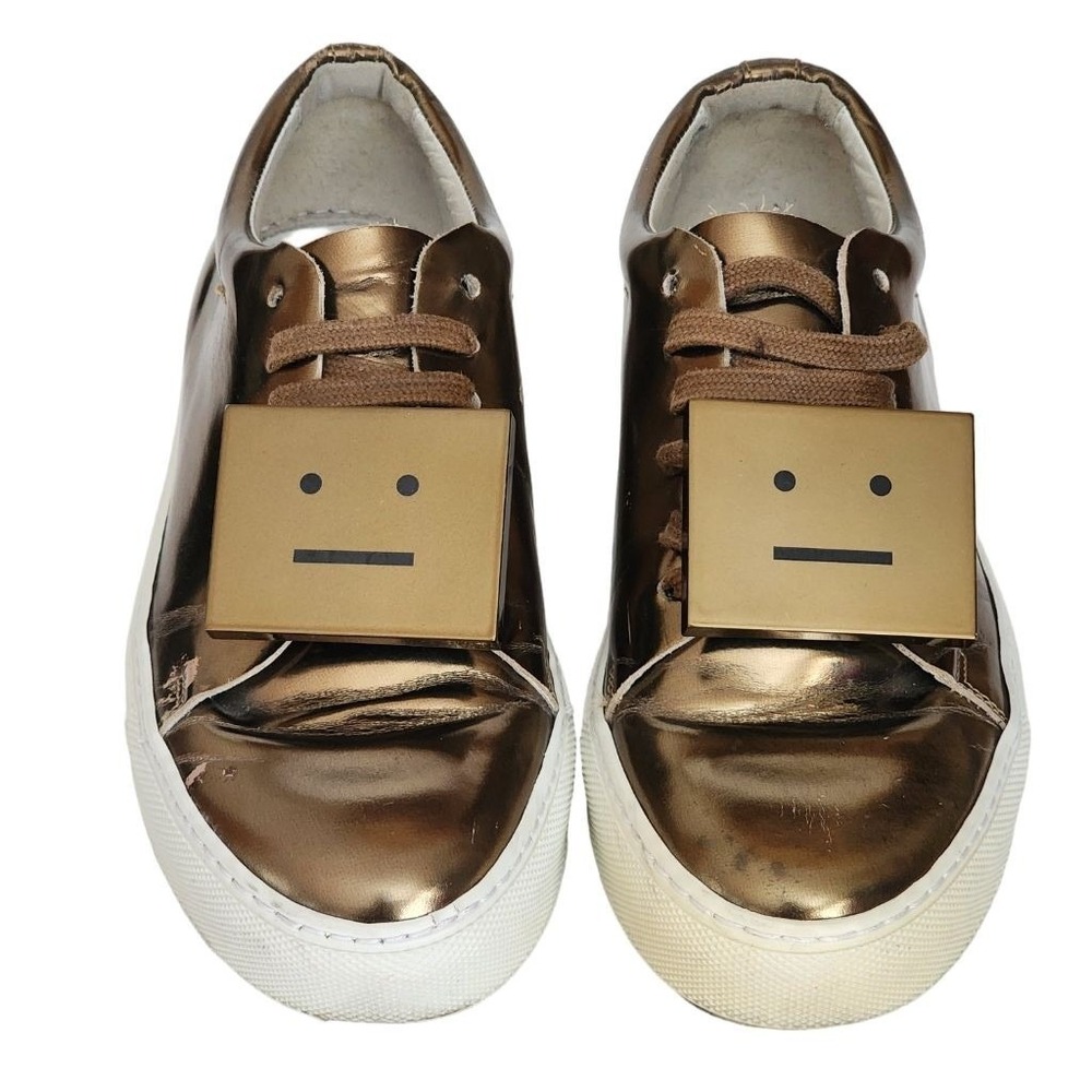 ACNE STUDIOS Adriana Gold Metallic Leather Smiley Face Lace Up Sneakers 35 4.5
